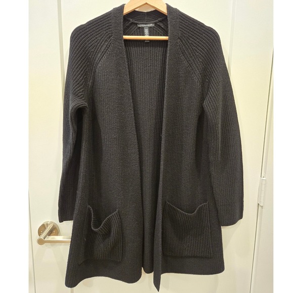 Eileen Fisher Sweaters - Eileen Fisher Black Extra Fine Merino Wool Ribbed Open Front Cardigan XS